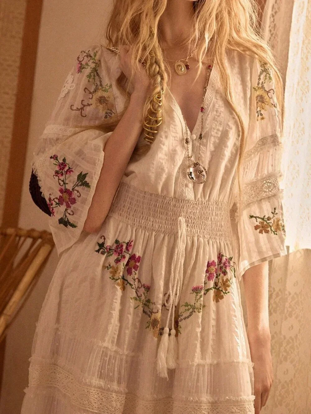 Beige Boho Women's Embroidered Patchwork Long Vacation Dress